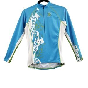 VTG Cannondale Blue & White Leaf Swirl Print Long Sleeve Cycling Jersey Womens S